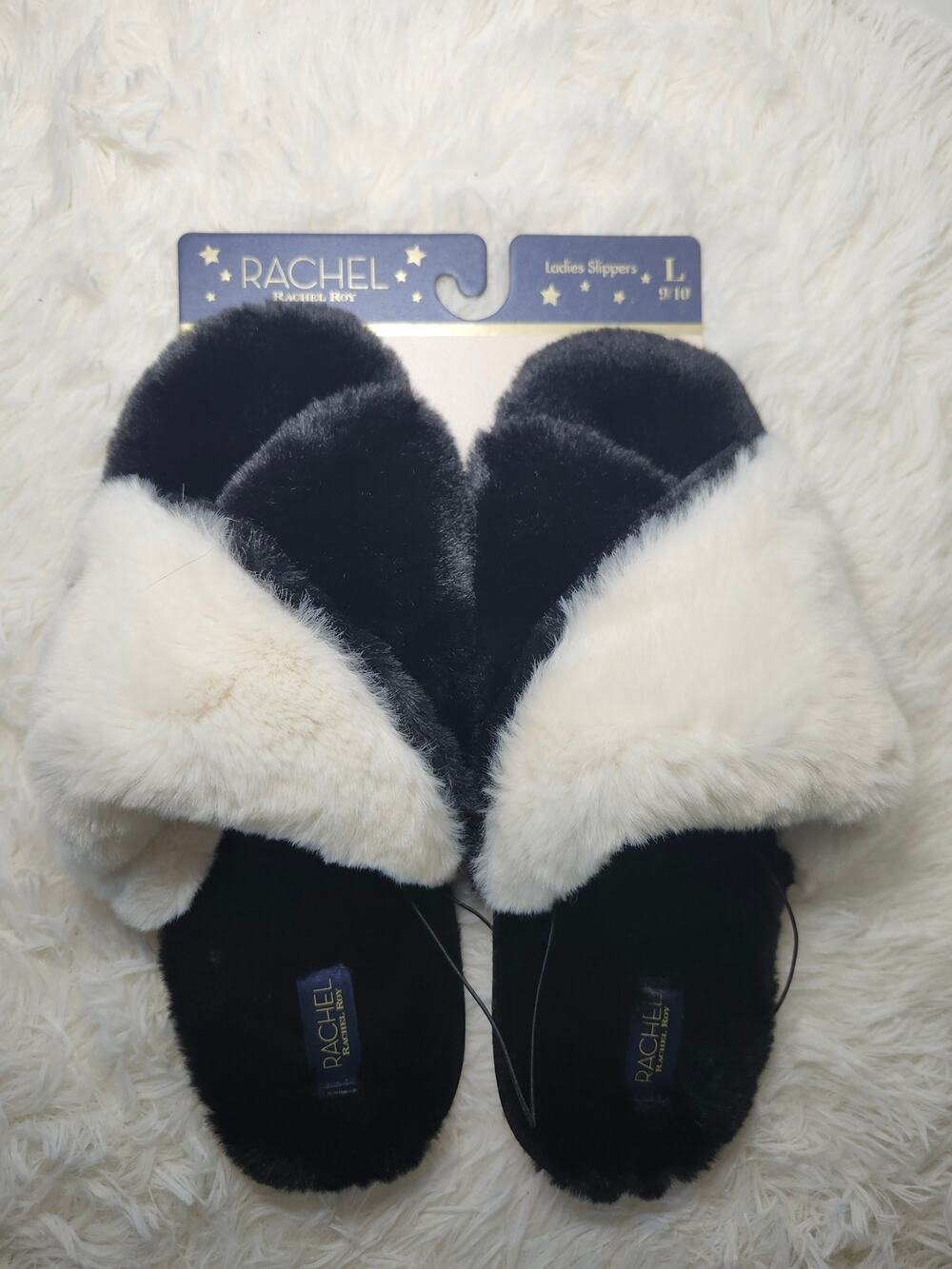 Rachel Rachel Roy NWOB Women's Cross Band Slide Slipper Faux Fur Black Sz L Cozy